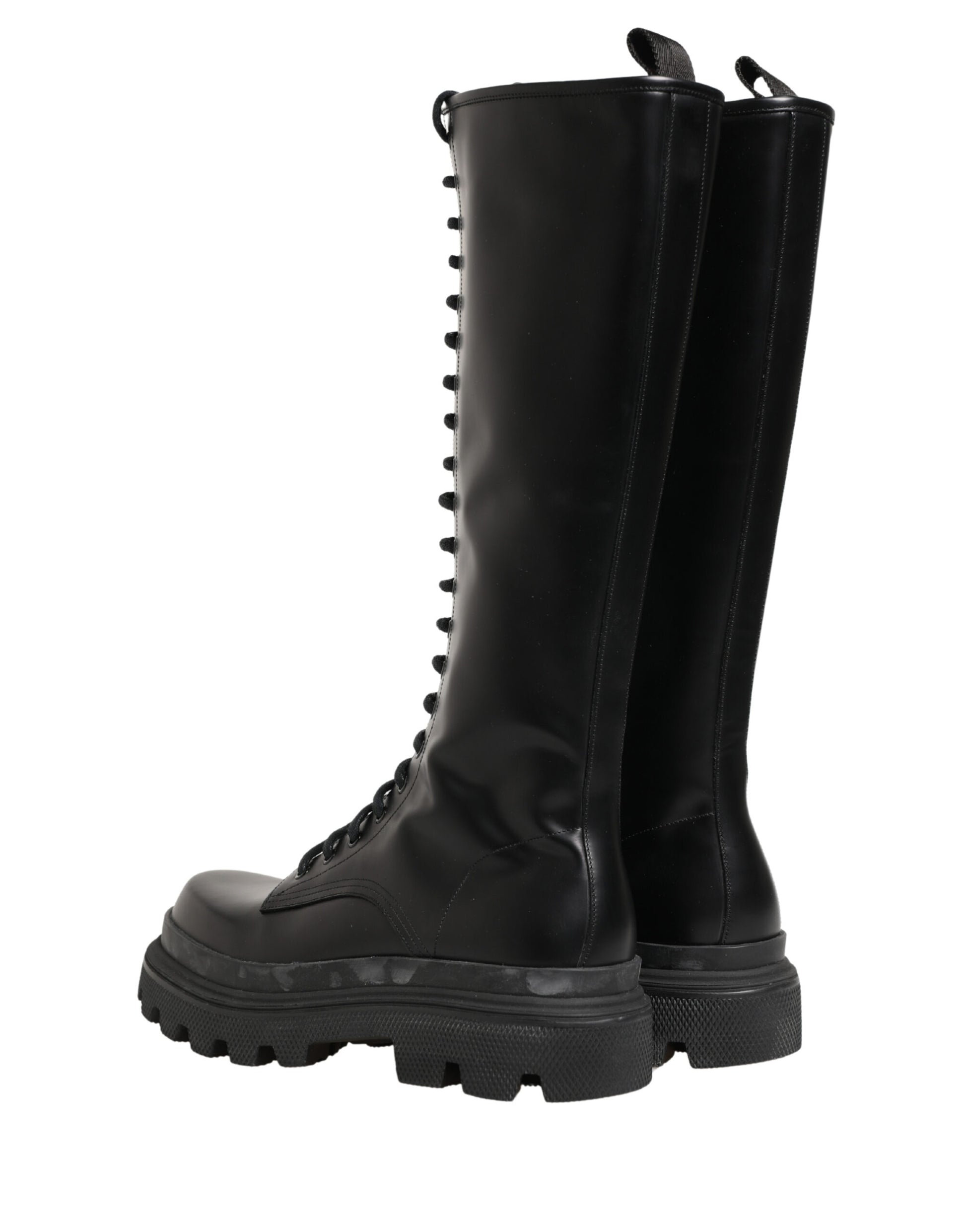 Dolce & Gabbana Black Leather Knee High Lace Up Boots Shoes