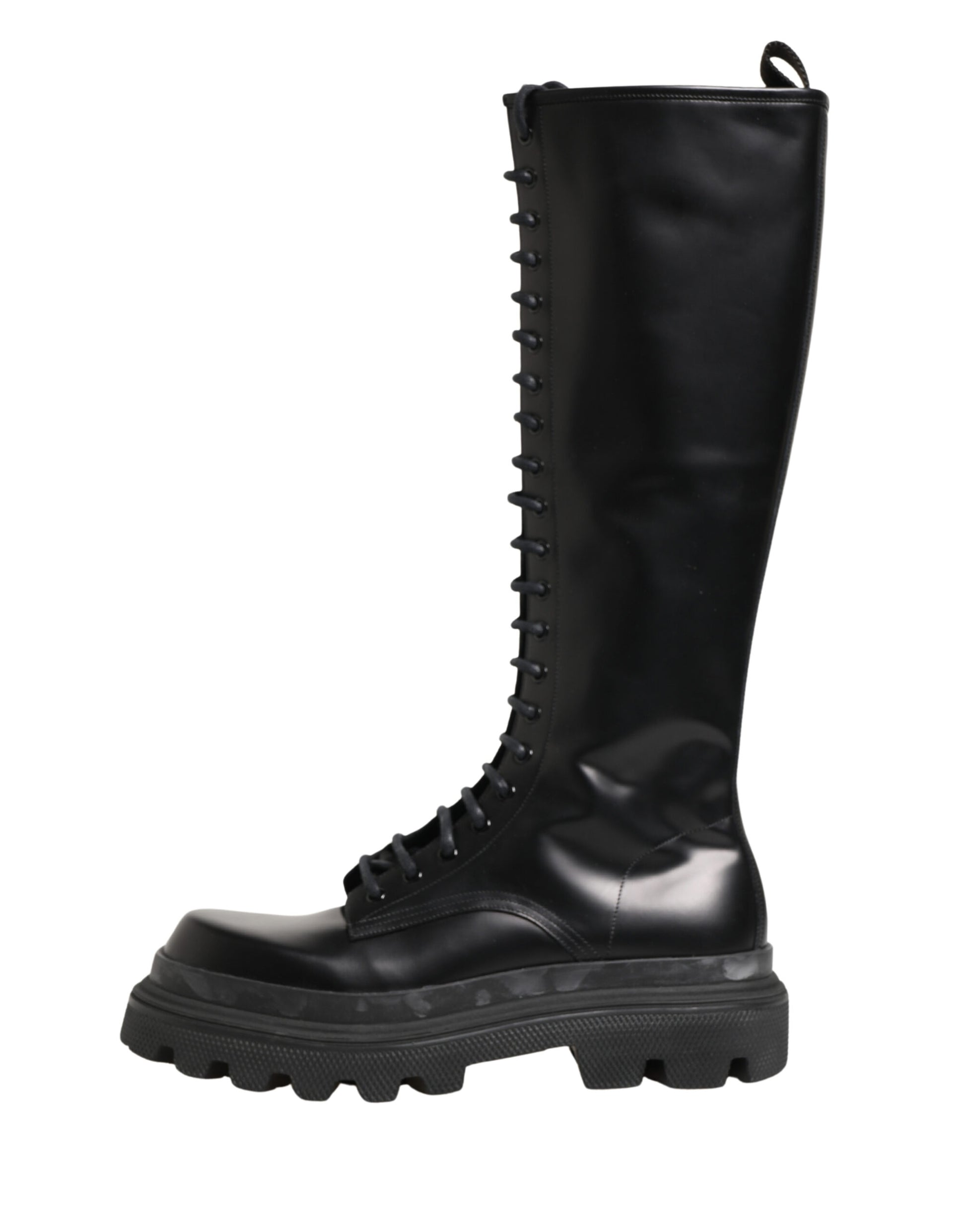 Dolce & Gabbana Black Leather Knee High Lace Up Boots Shoes