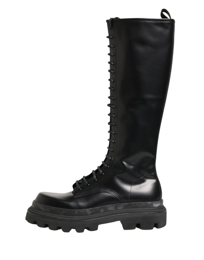 Dolce & Gabbana Black Leather Knee High Lace Up Boots Shoes