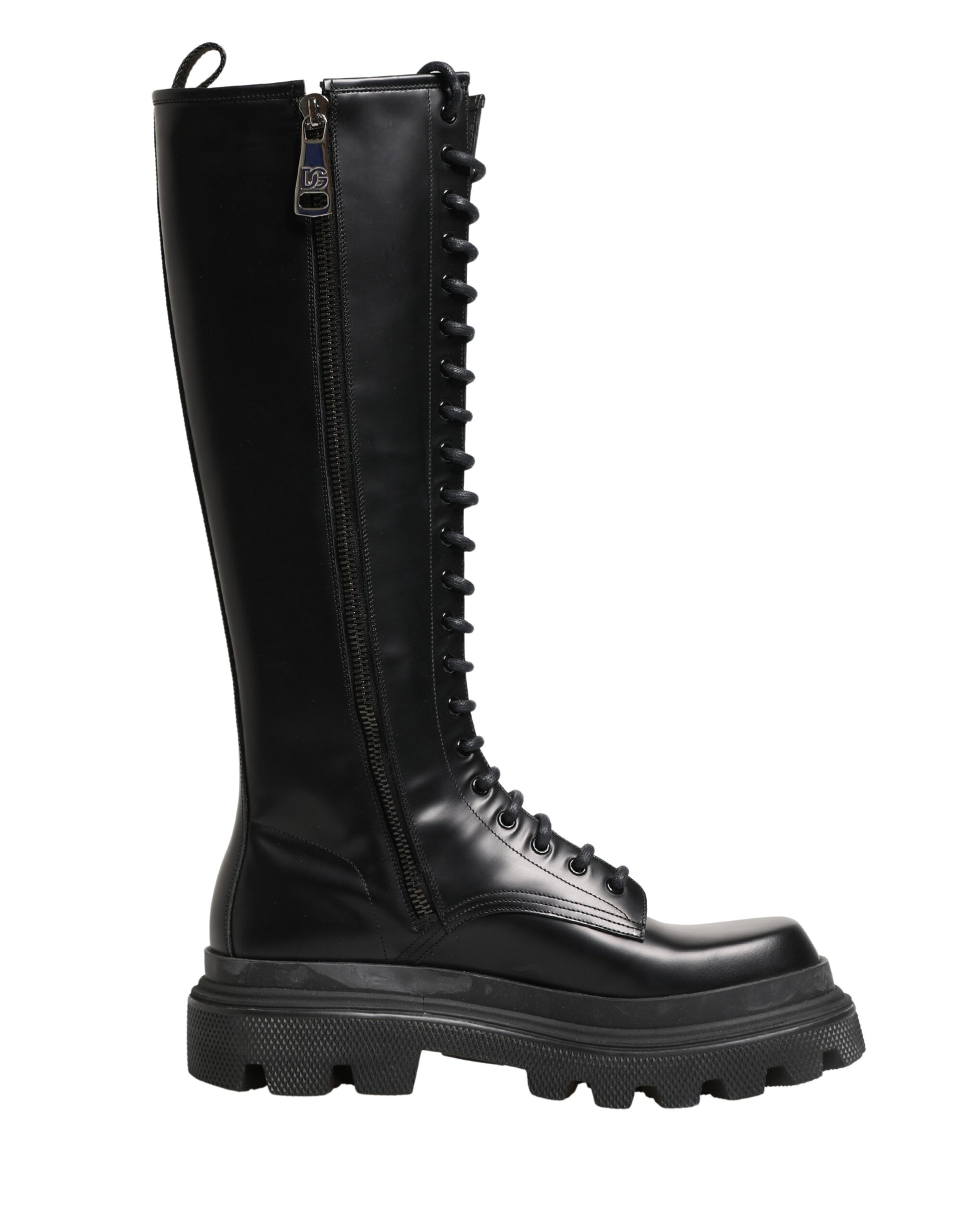 Dolce & Gabbana Black Leather Knee High Lace Up Boots Shoes