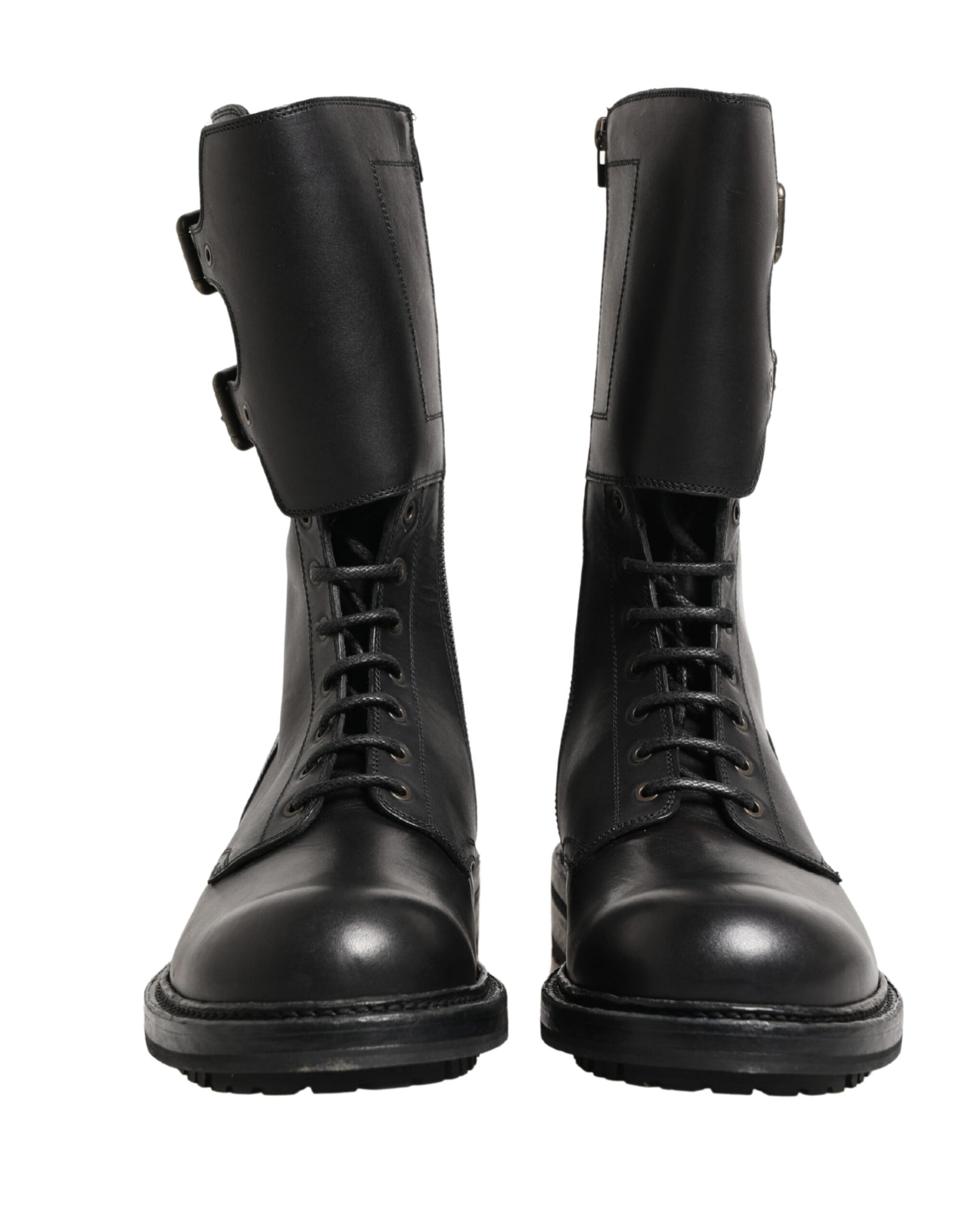 Dolce & Gabbana Black Leather Belted Buckle Combat Boots Shoes