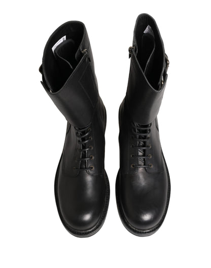 Dolce & Gabbana Black Leather Belted Buckle Combat Boots Shoes