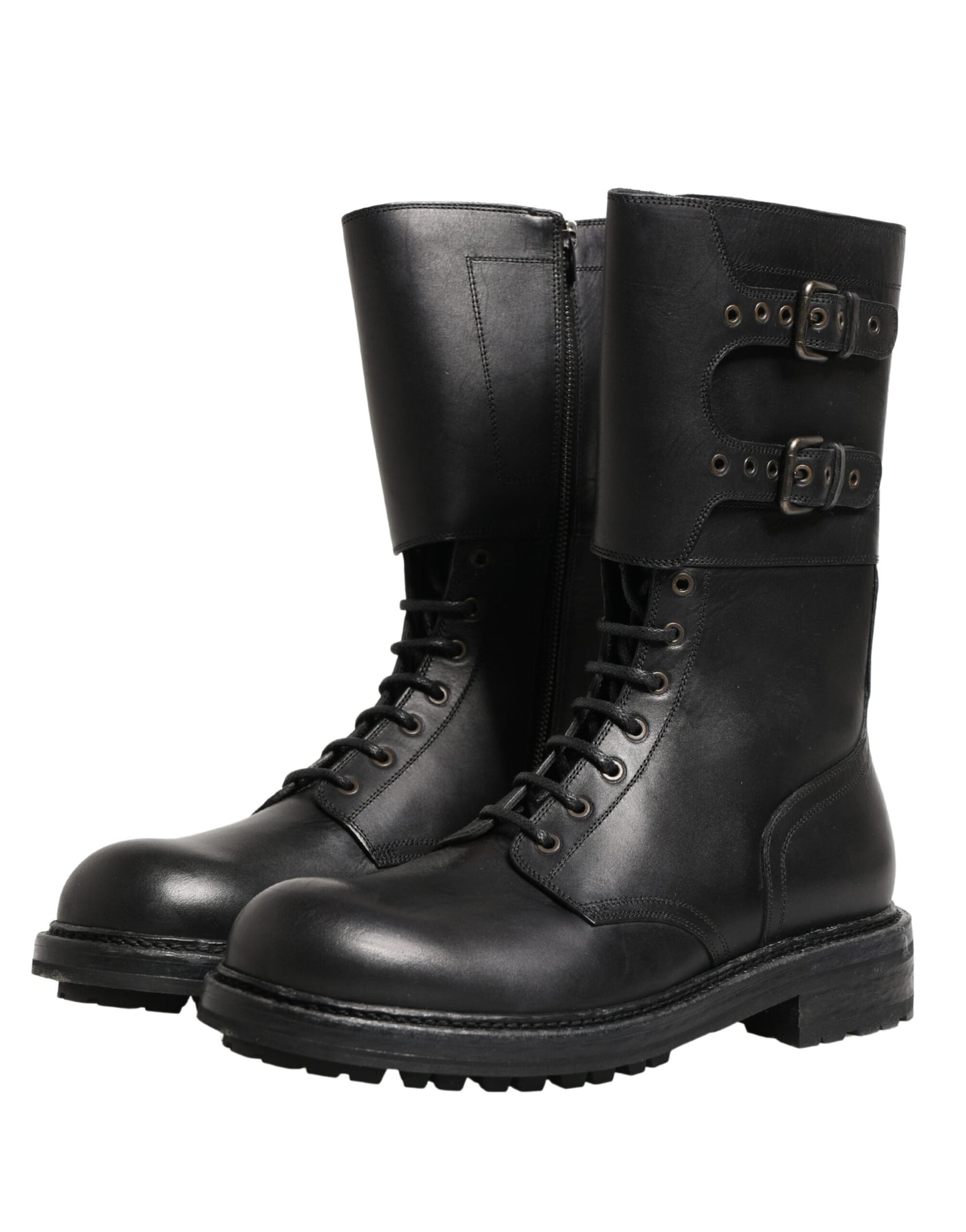 Dolce & Gabbana Black Leather Belted Buckle Combat Boots Shoes
