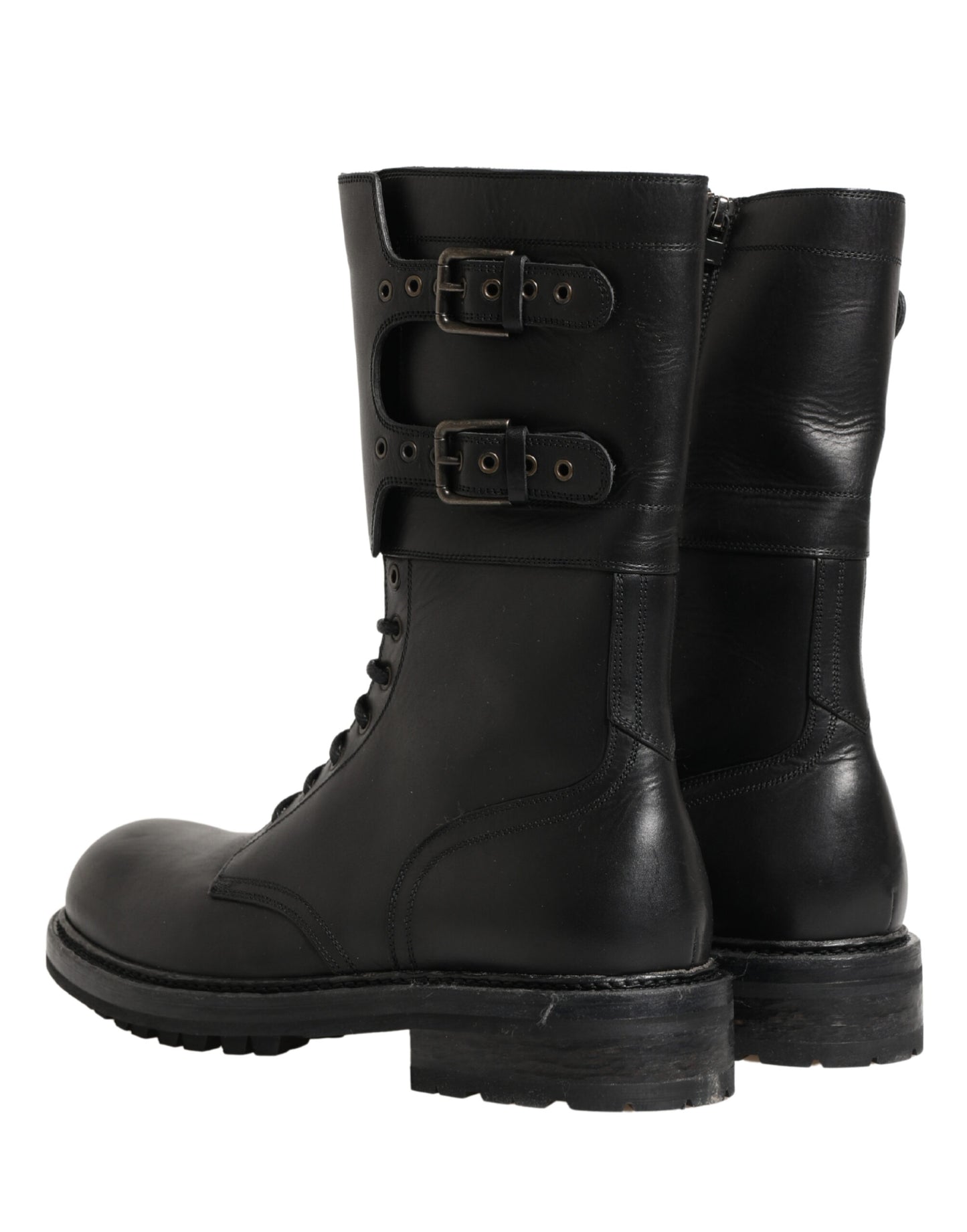 Dolce & Gabbana Black Leather Belted Buckle Combat Boots Shoes