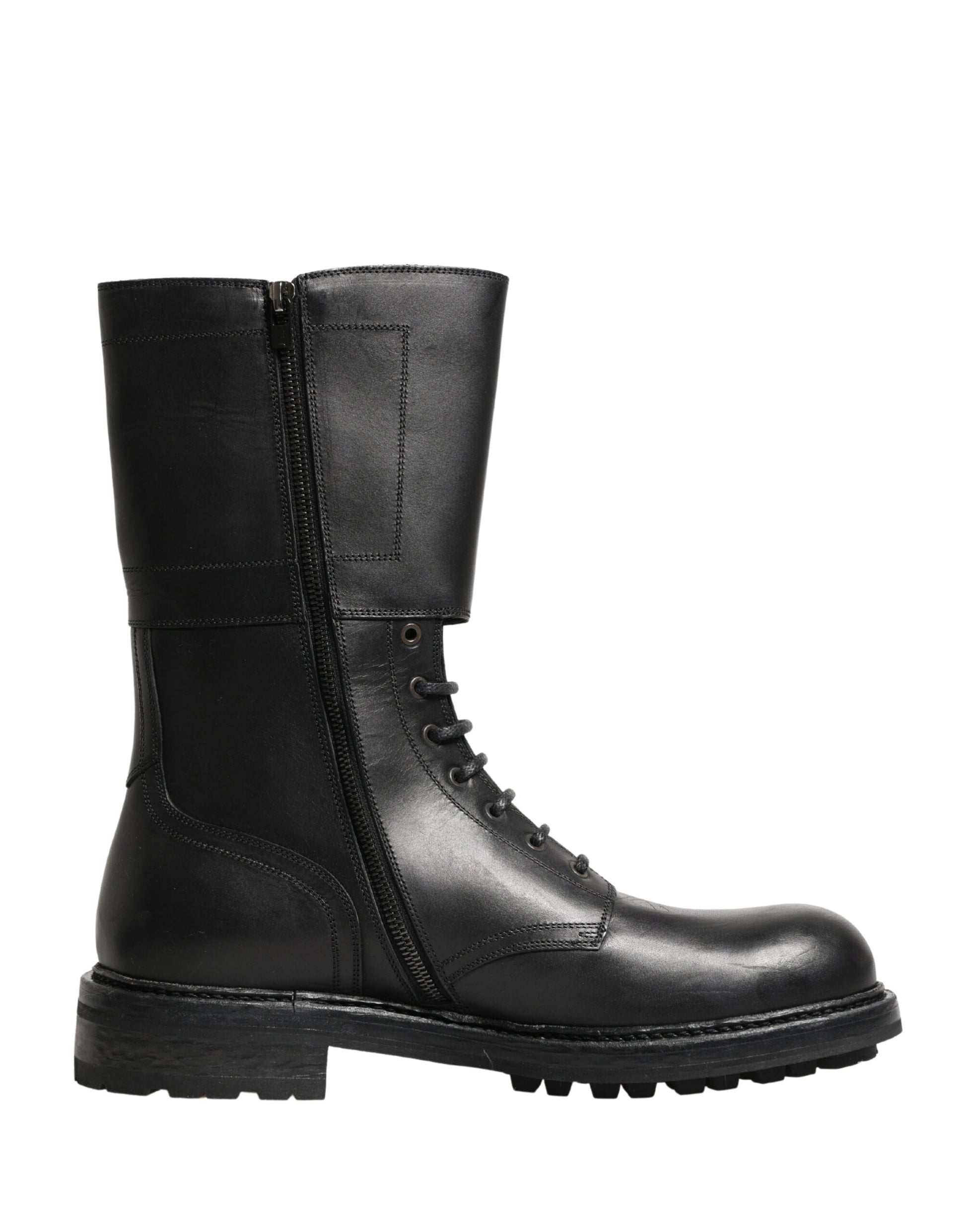 Dolce & Gabbana Black Leather Belted Buckle Combat Boots Shoes