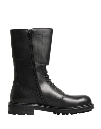 Dolce & Gabbana Black Leather Belted Buckle Combat Boots Shoes