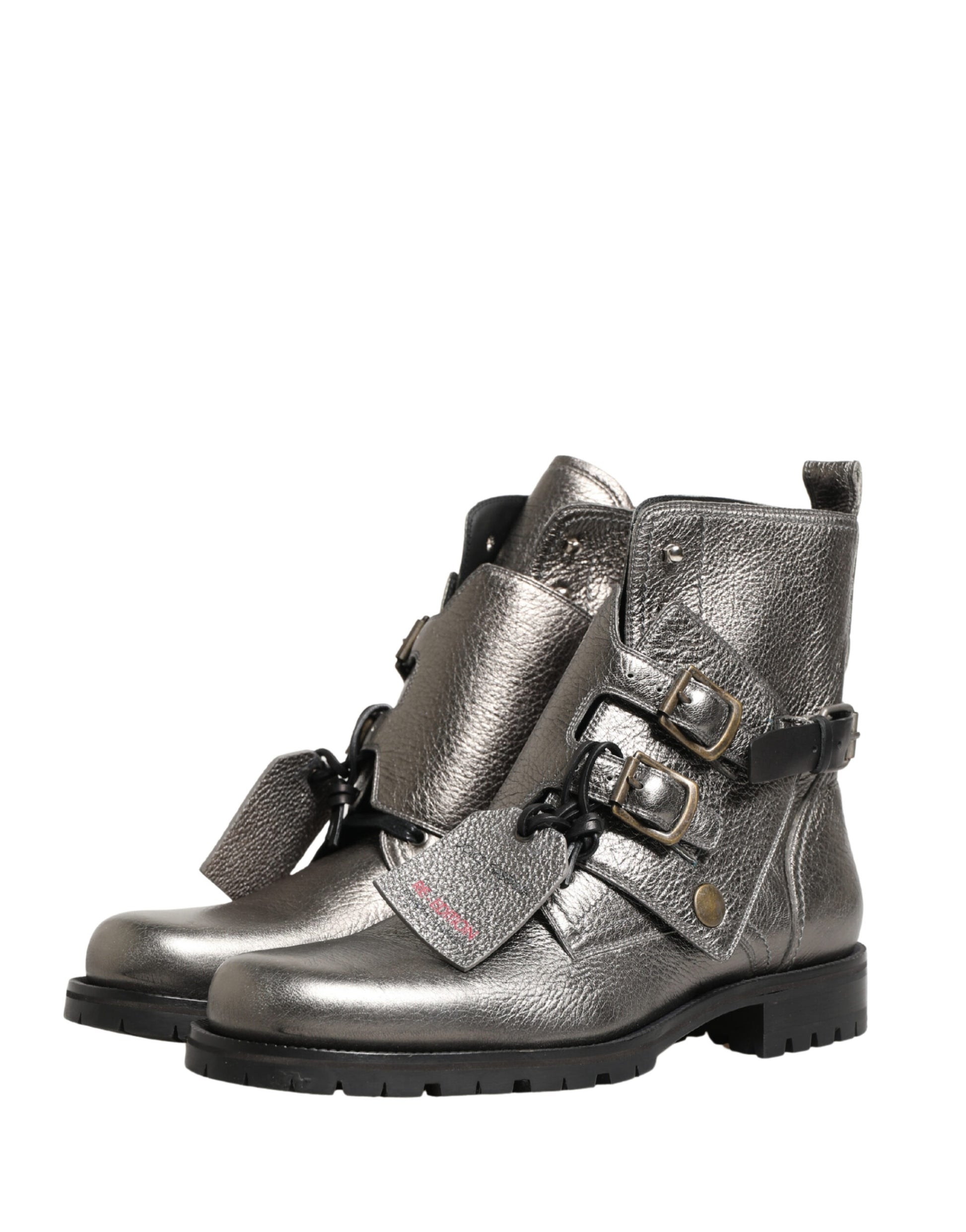 Dolce & Gabbana Metallic Silver Leather Buckle Ankle Boots Shoes