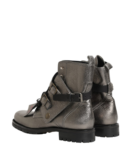 Dolce & Gabbana Metallic Silver Leather Buckle Ankle Boots Shoes