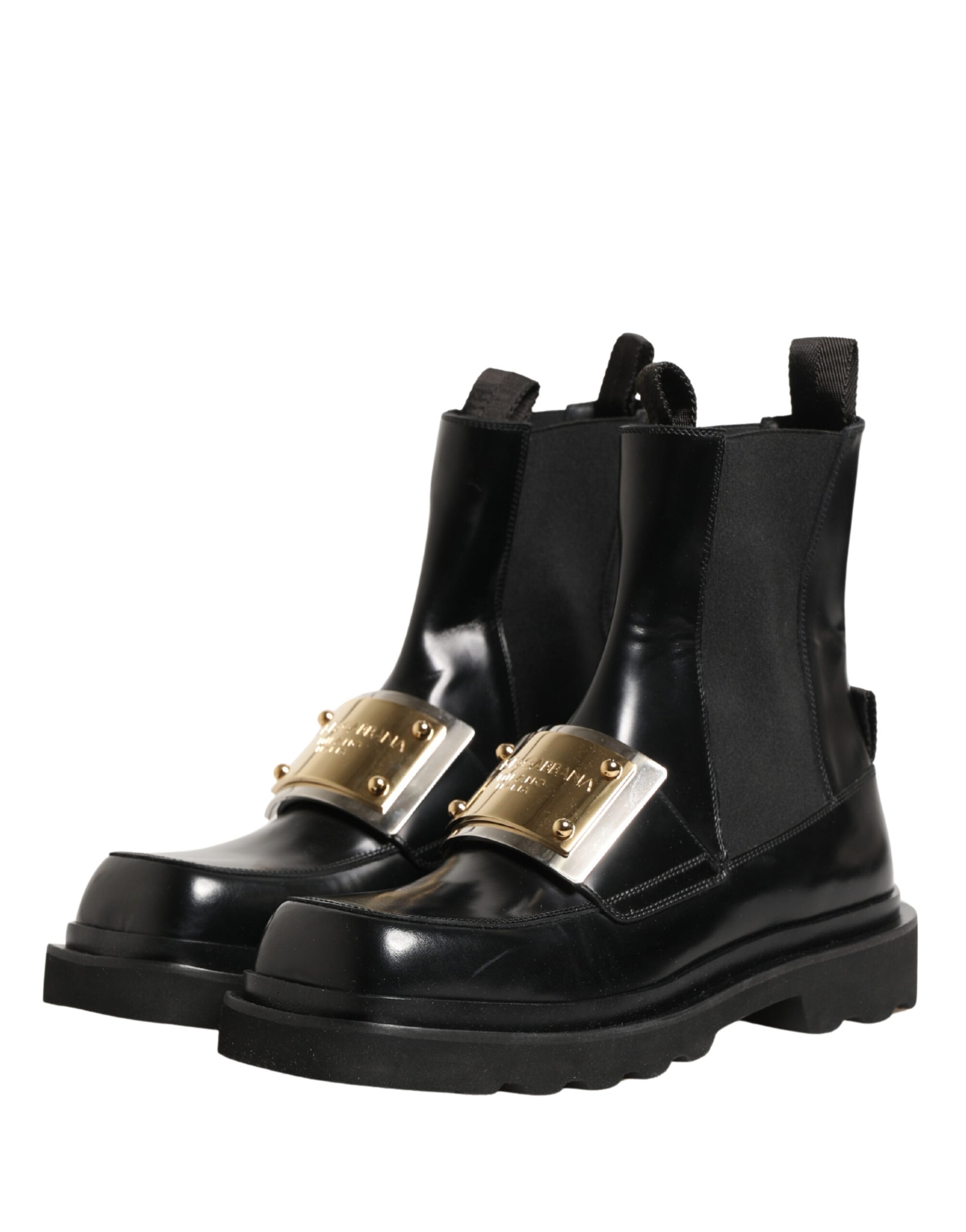 Dolce & Gabbana Black Leather Logo Plaque Ankle Boots Shoes
