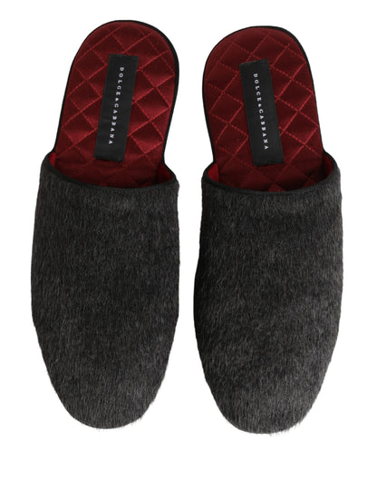 Dolce & Gabbana Dark Grey Charcoal Wool Red Slippers Shoes