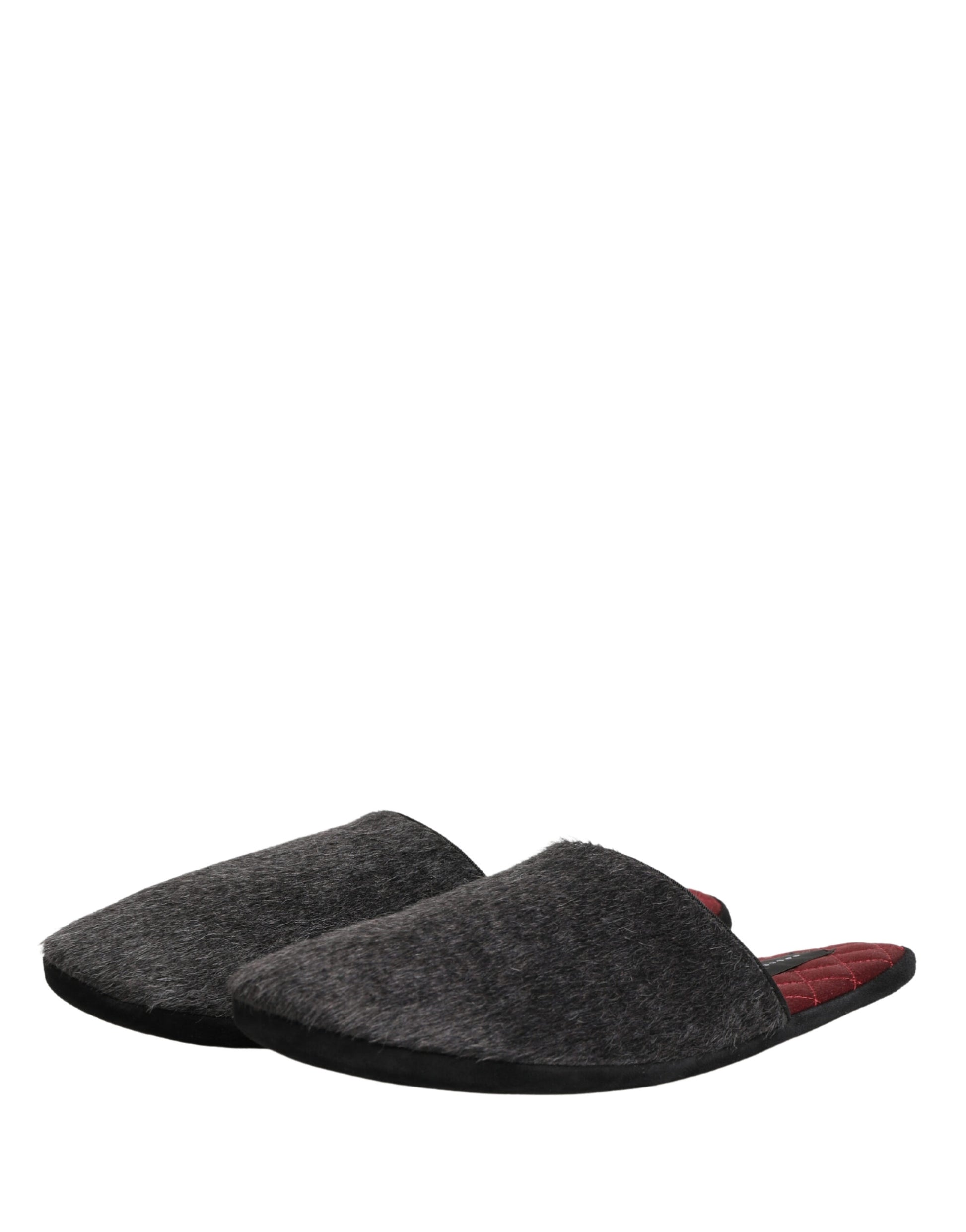 Dolce & Gabbana Dark Grey Charcoal Wool Red Slippers Shoes