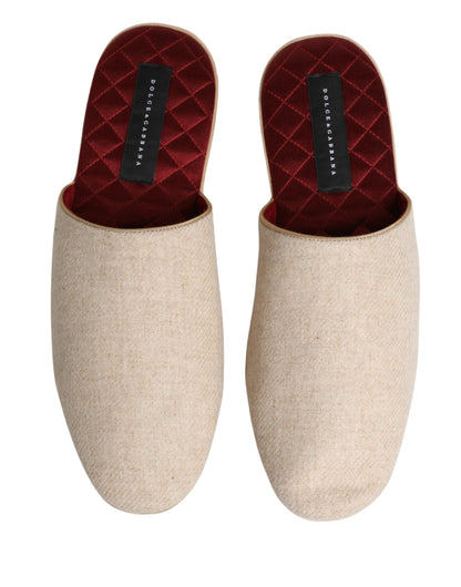 Dolce & Gabbana Beige Shetland Wool Red Quilted Slippers Shoes