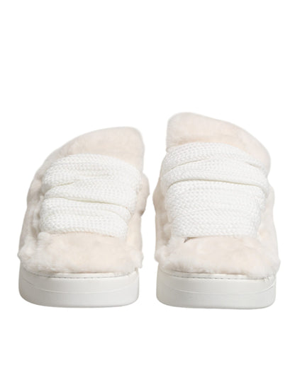 Dolce & Gabbana White Shearling Fur Bianco Low Top Sneakers Shoes