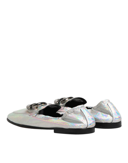 Dolce & Gabbana Silver DG Logo Holographic Leather Loafers Shoes