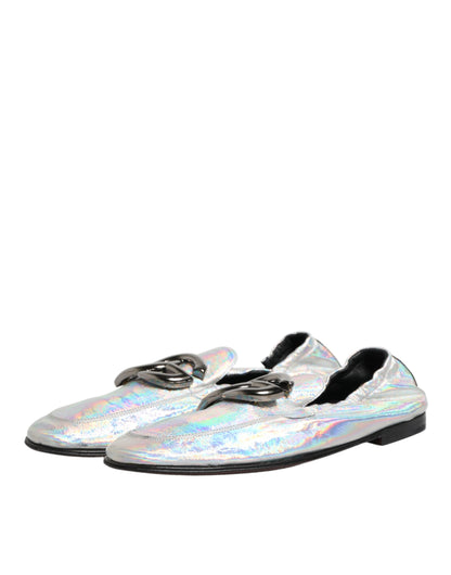 Dolce & Gabbana Silver DG Logo Holographic Leather Loafers Shoes