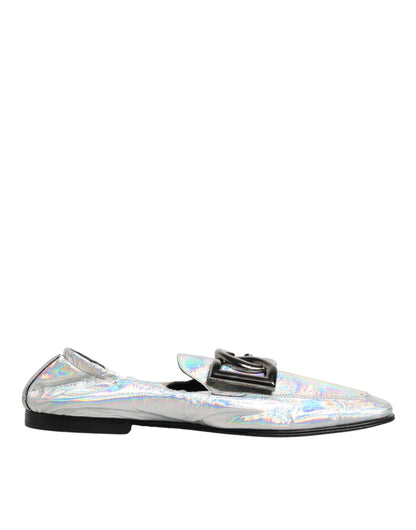 Dolce & Gabbana Silver DG Logo Holographic Leather Loafers Shoes