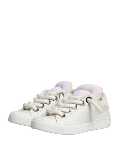 Dolce & Gabbana White Leather Shearling Fur Low Top Sneakers Shoes