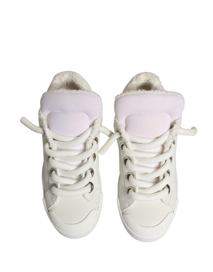 Dolce & Gabbana White Leather Shearling Fur Low Top Sneakers Shoes