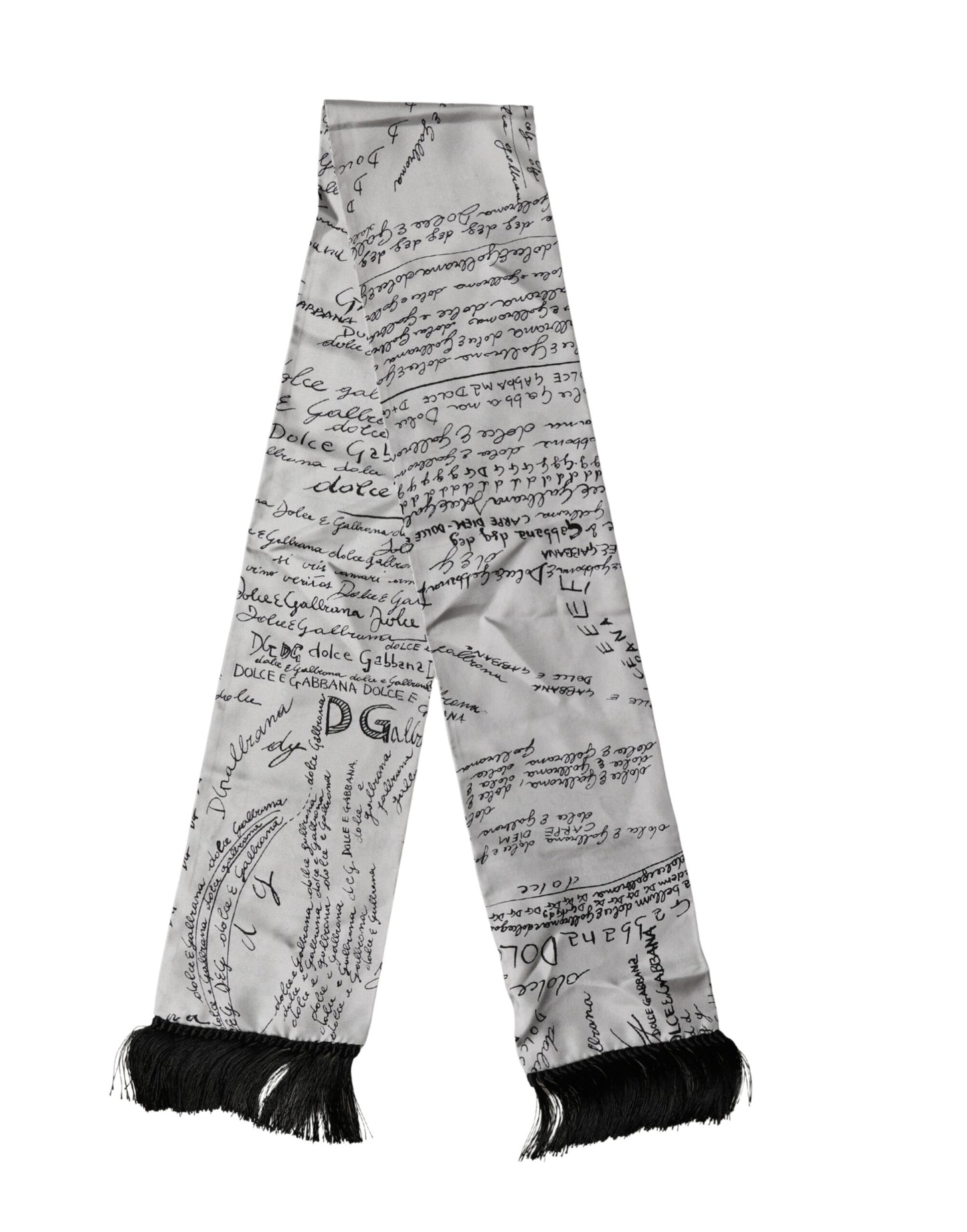 Dolce & Gabbana Scarf White Silk Script Logo Print Fringe 150cm x15cm Men