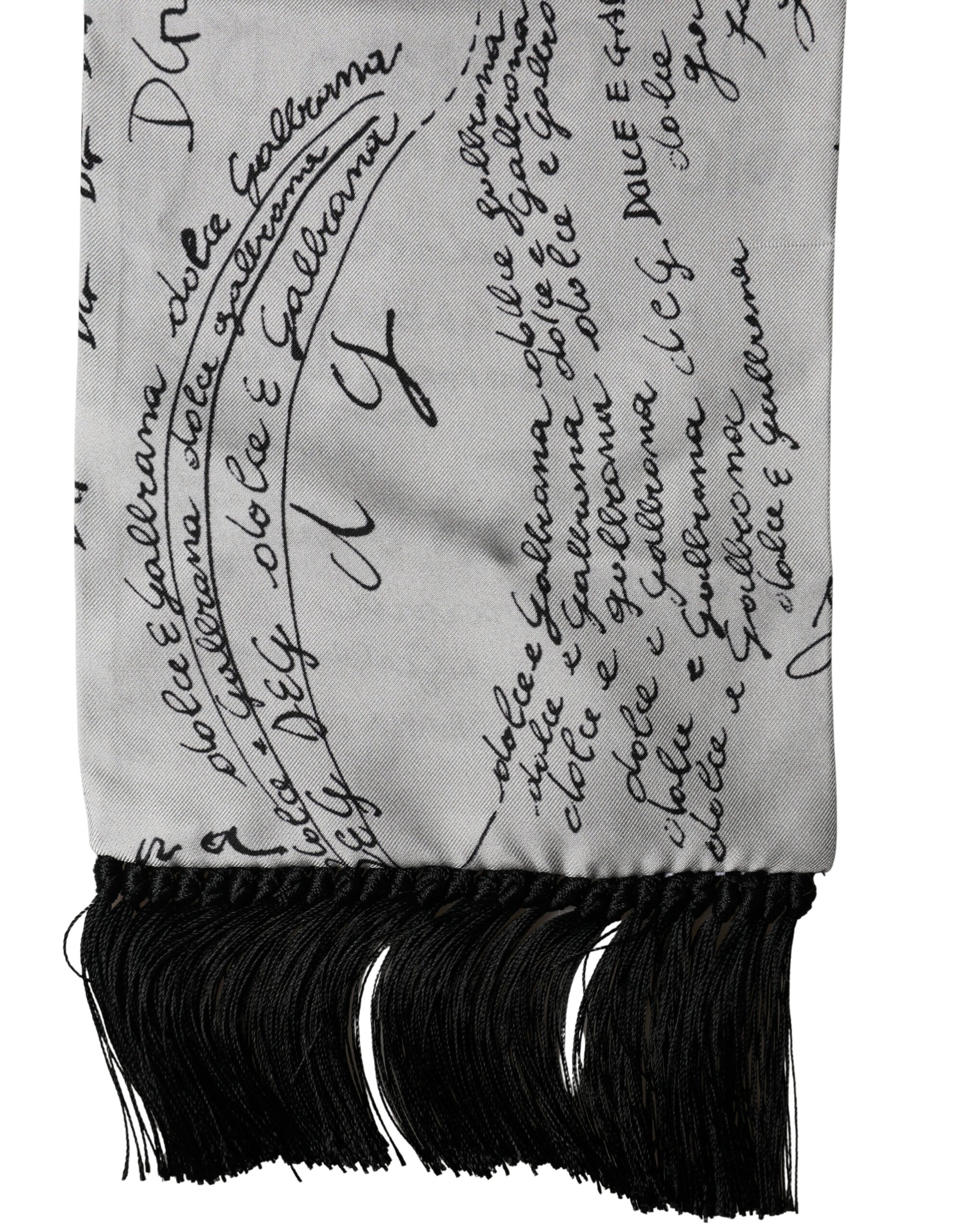 Dolce & Gabbana Scarf White Silk Script Logo Print Fringe 150cm x15cm Men