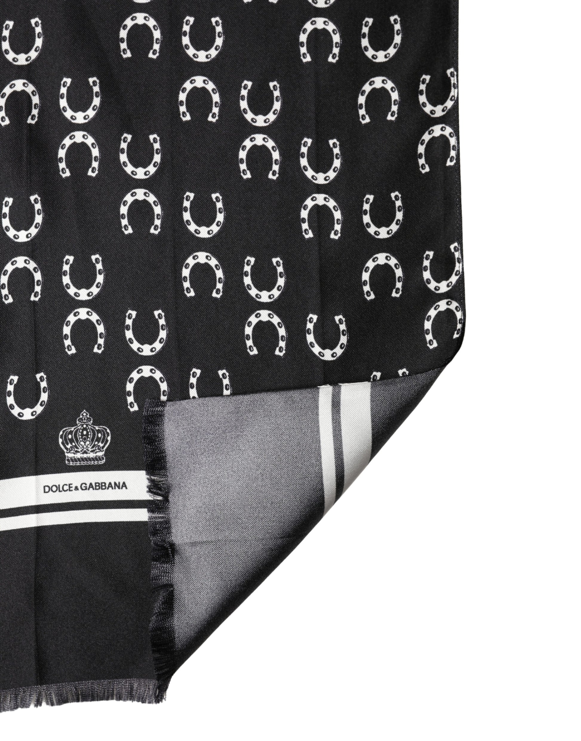 Dolce & Gabbana Black Horseshoe Silk Neck Foulard 136cm x 23cm Men Scarf