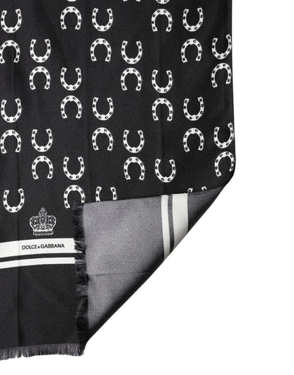 Dolce & Gabbana Black Horseshoe Silk Neck Foulard 136cm x 23cm Men Scarf