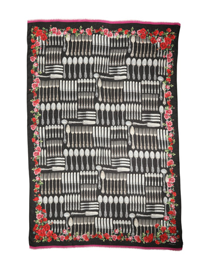 Dolce & Gabbana Multicolor Cutlery Floral Wrap Shawl 135cm x 132cm Scarf