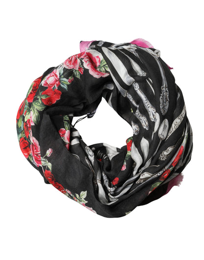 Dolce & Gabbana Multicolor Cutlery Floral Wrap Shawl 135cm x 132cm Scarf