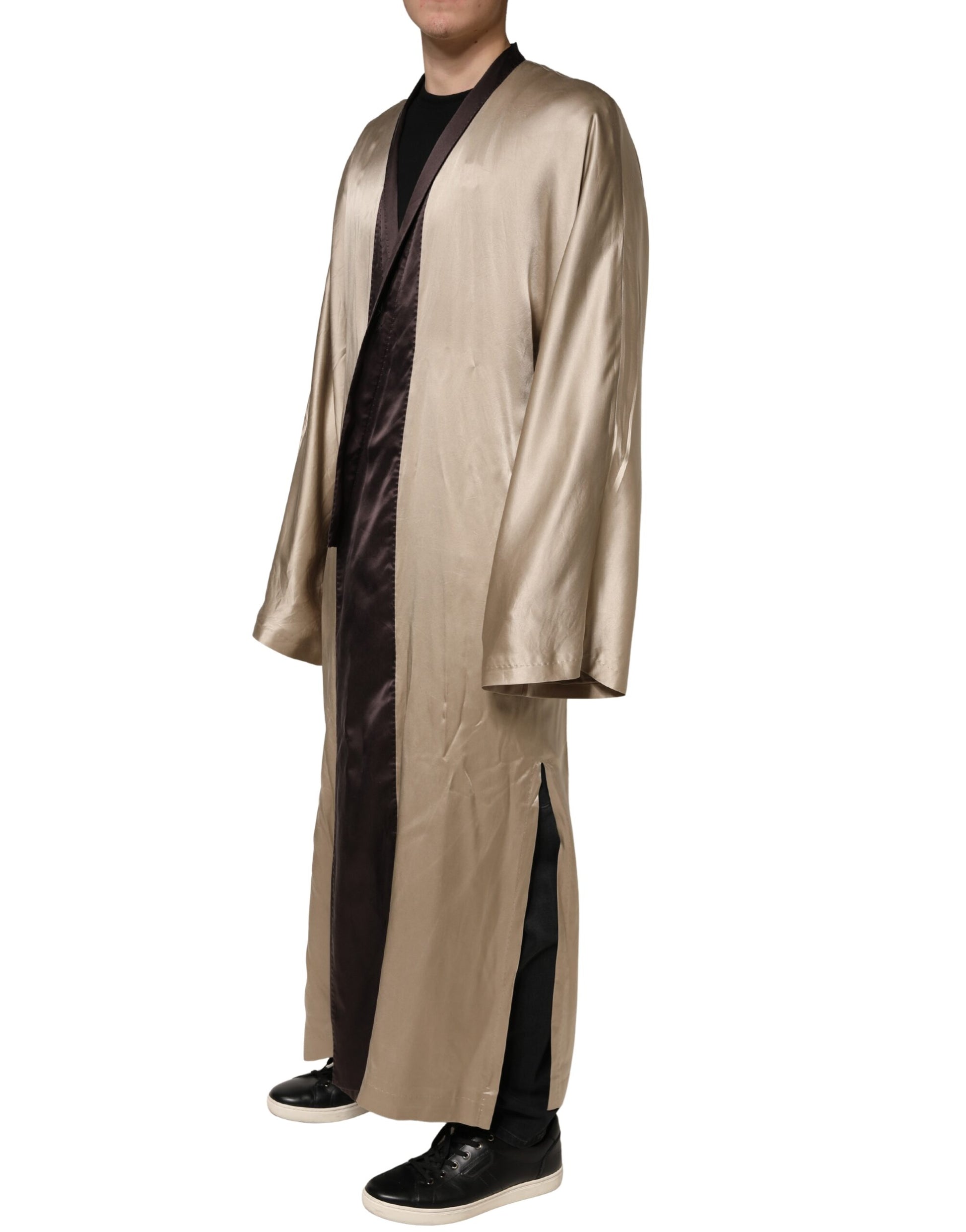 Dolce & Gabbana Beige Silk Satin Long Coat Robe Jacket