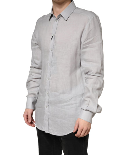 Dolce & Gabbana Gray GOLD Linen Long Sleeves Dress Men Shirt
