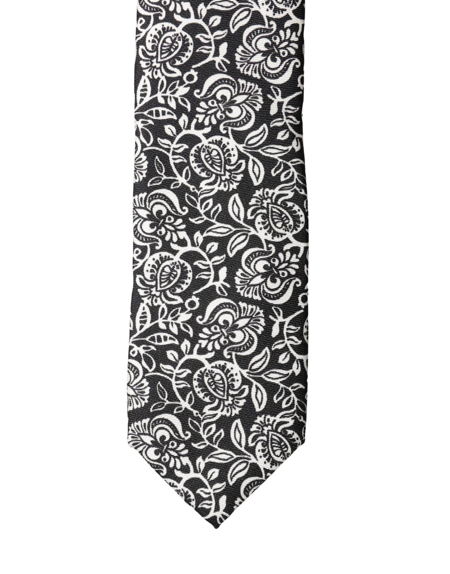 Dolce & Gabbana Black White Floral Fantasy Silk Adjustable Necktie Tie