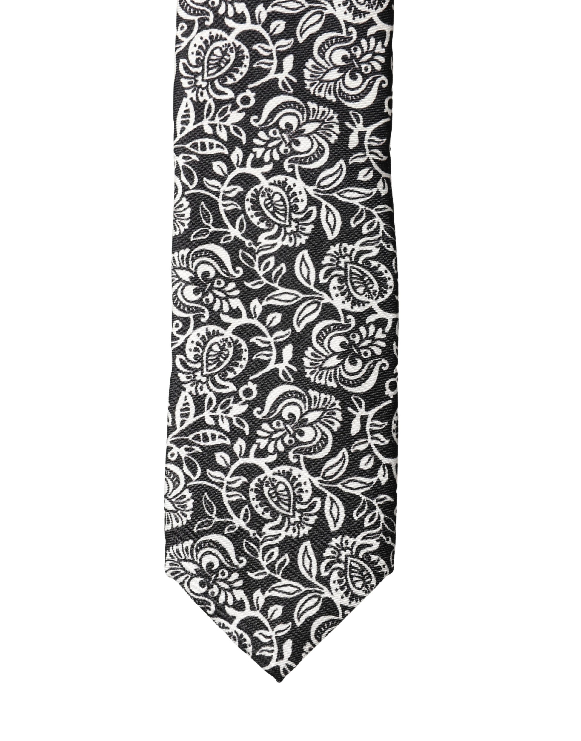 Dolce & Gabbana Black White Floral Fantasy Silk Adjustable Necktie Tie