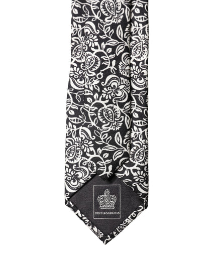 Dolce & Gabbana Black White Floral Fantasy Silk Adjustable Necktie Tie