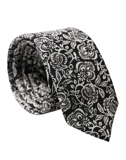 Dolce & Gabbana Black White Floral Fantasy Silk Adjustable Necktie Tie