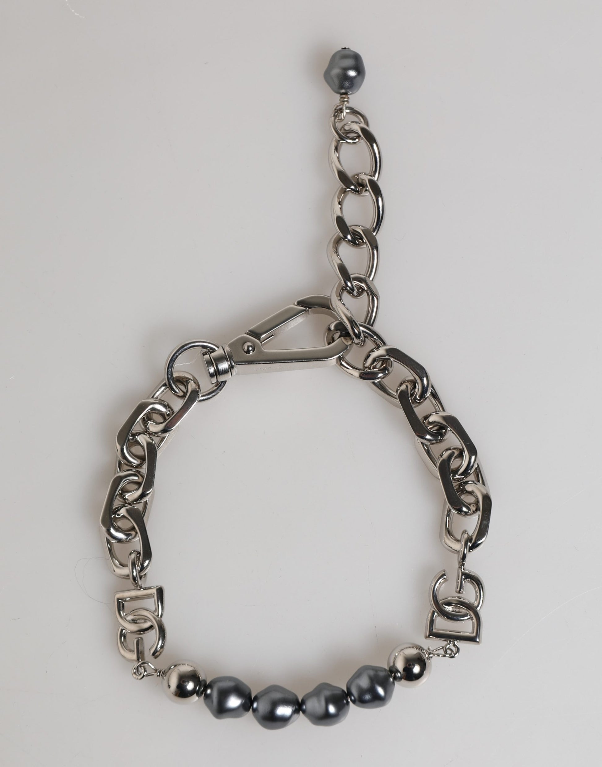 Dolce & Gabbana Silver Tone Chain Lobster Clasp Logo Gray Pearls Bracelet