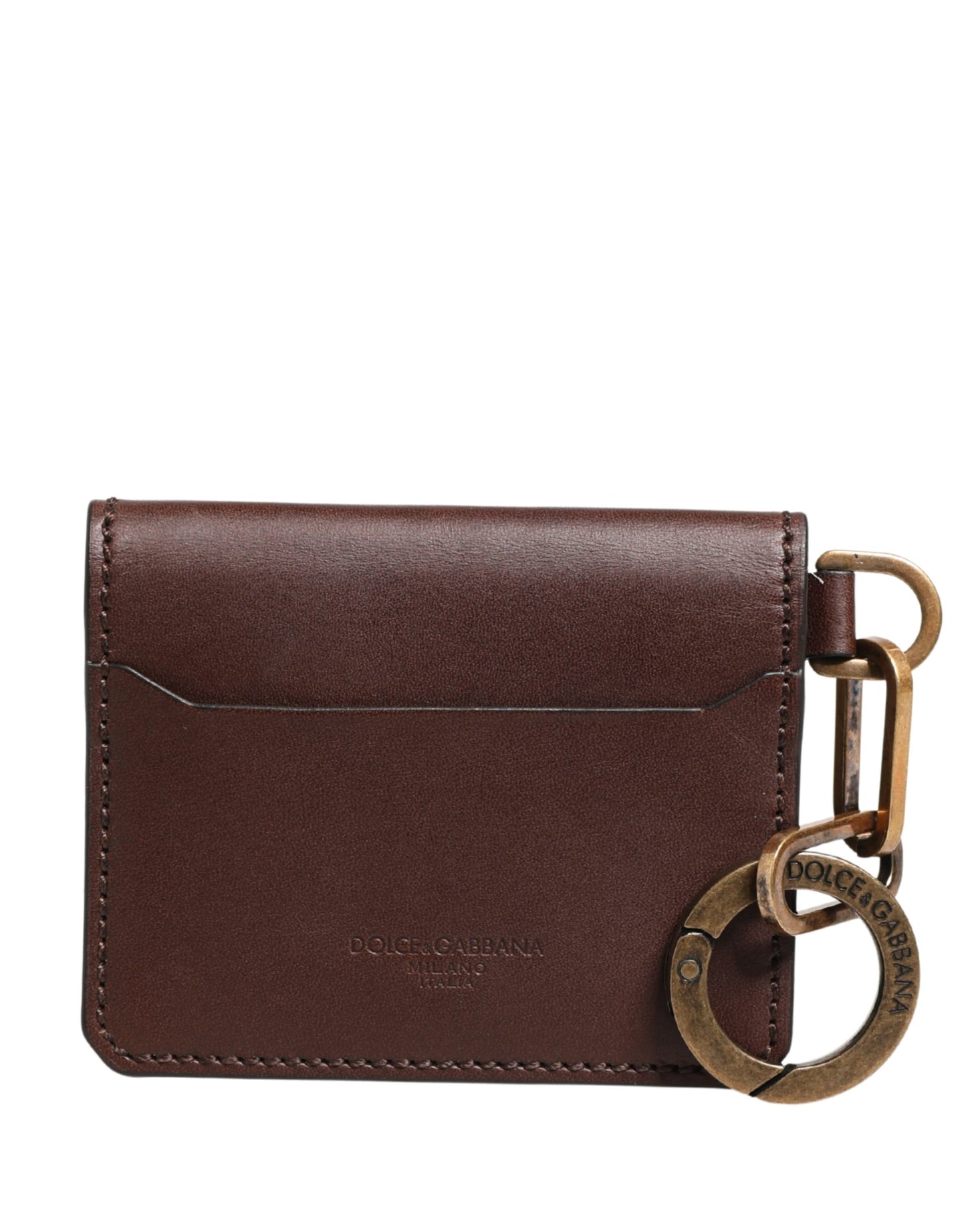 Dolce & Gabbana Brown Leather Logo Embossed Key Chain Card Holder Wallet