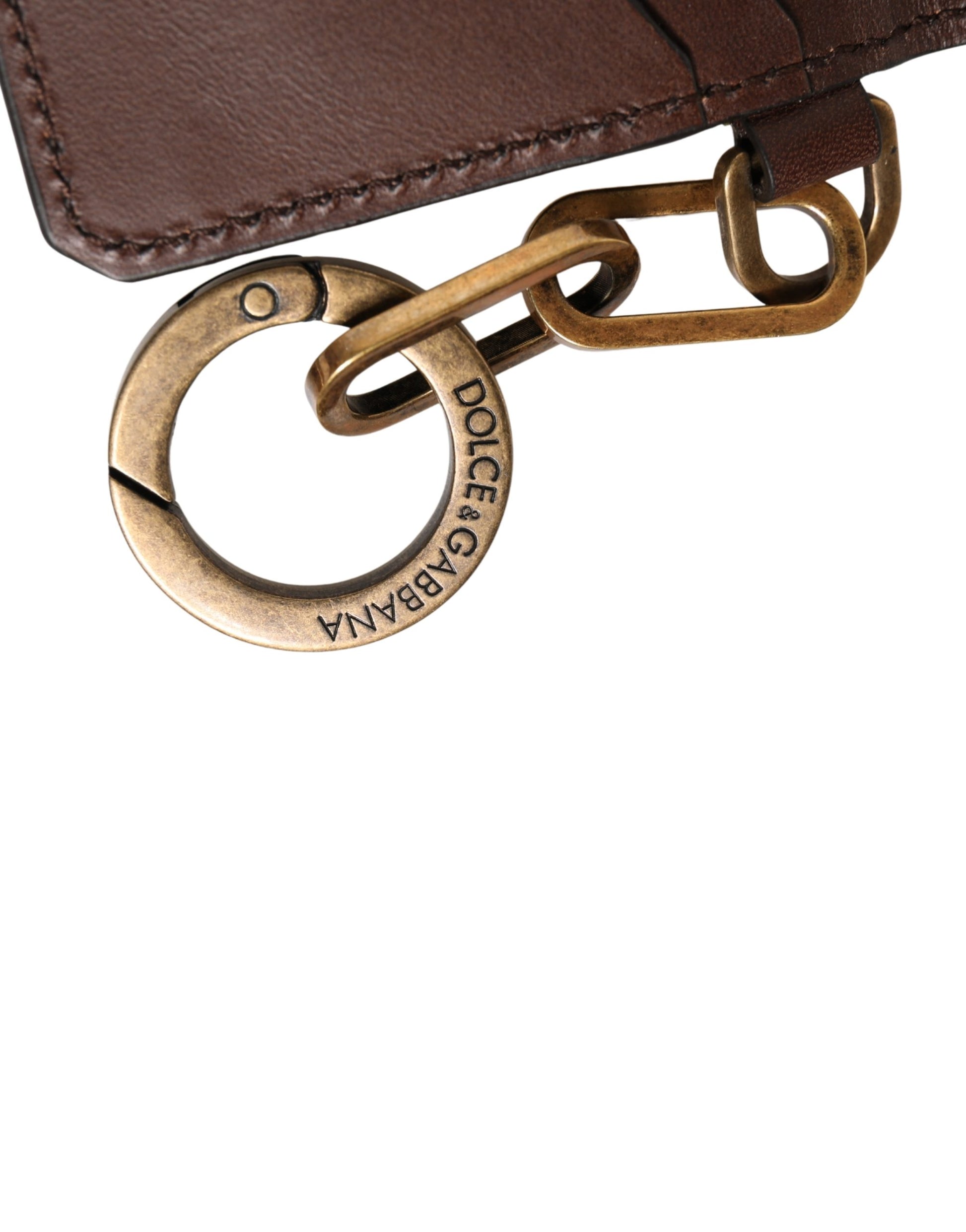Dolce & Gabbana Brown Leather Logo Embossed Key Chain Card Holder Wallet