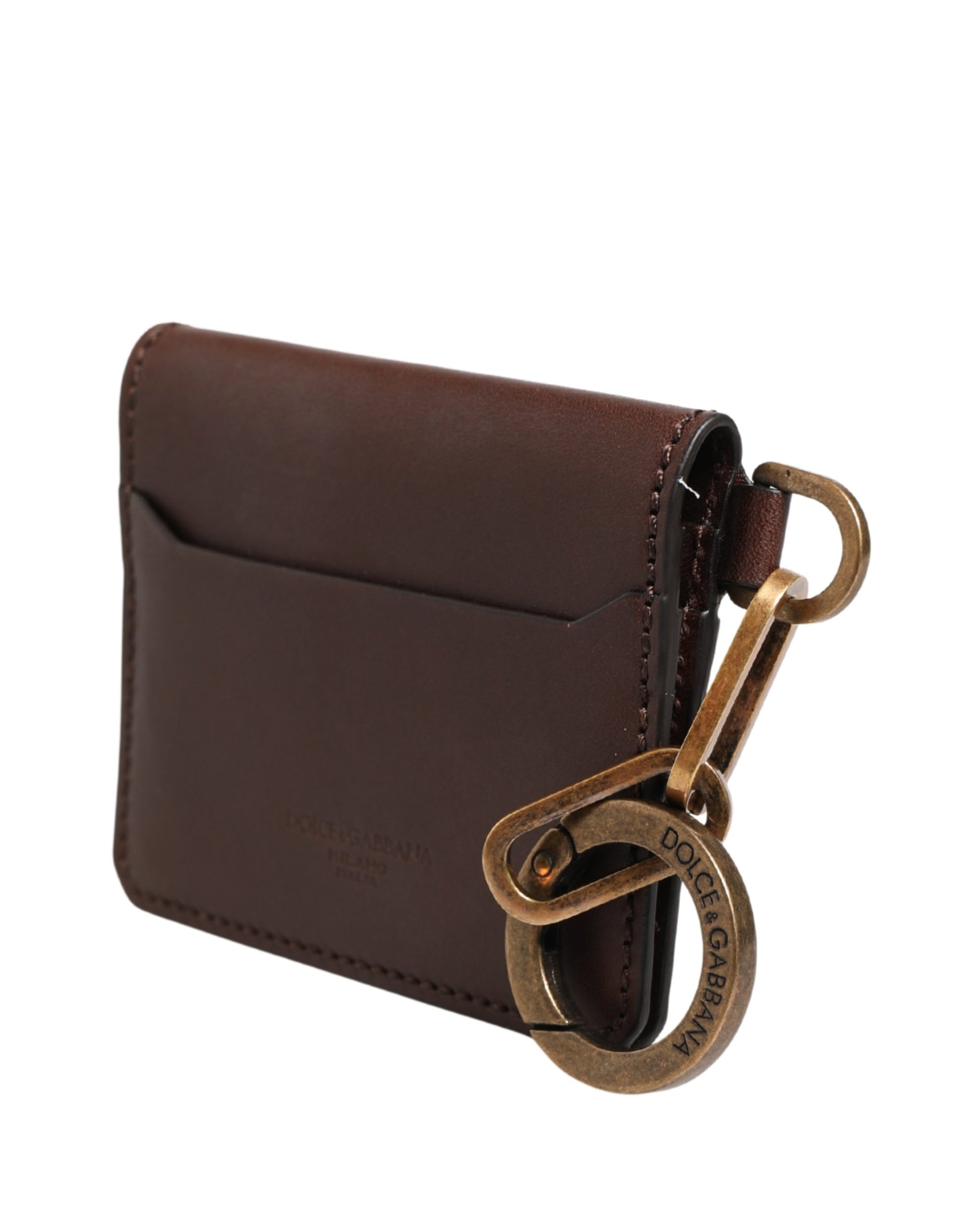 Dolce & Gabbana Brown Leather Logo Embossed Key Chain Card Holder Wallet