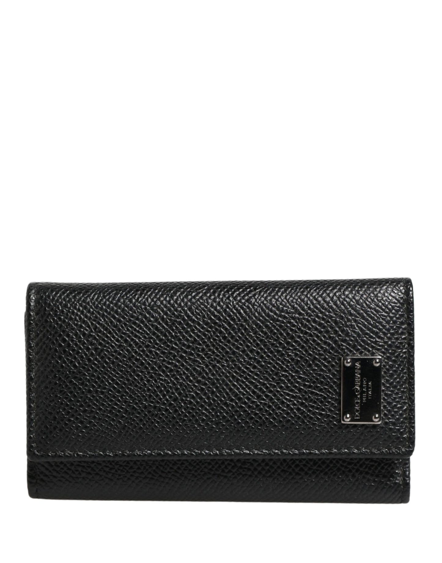Dolce & Gabbana Black Leather Silver Metal Logo Plaque Trifold Keyring