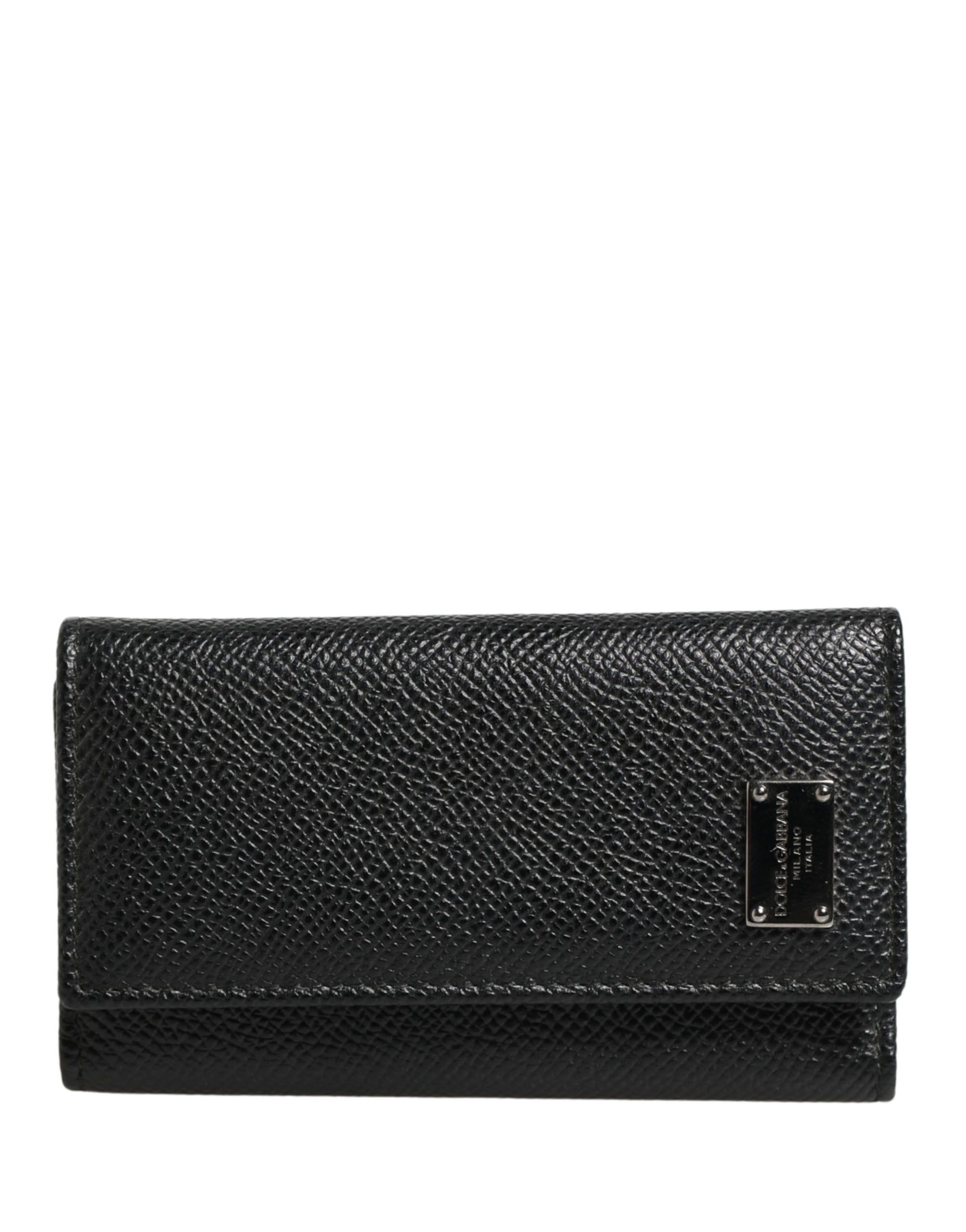 Dolce & Gabbana Black Leather Silver Metal Logo Plaque Trifold Keyring