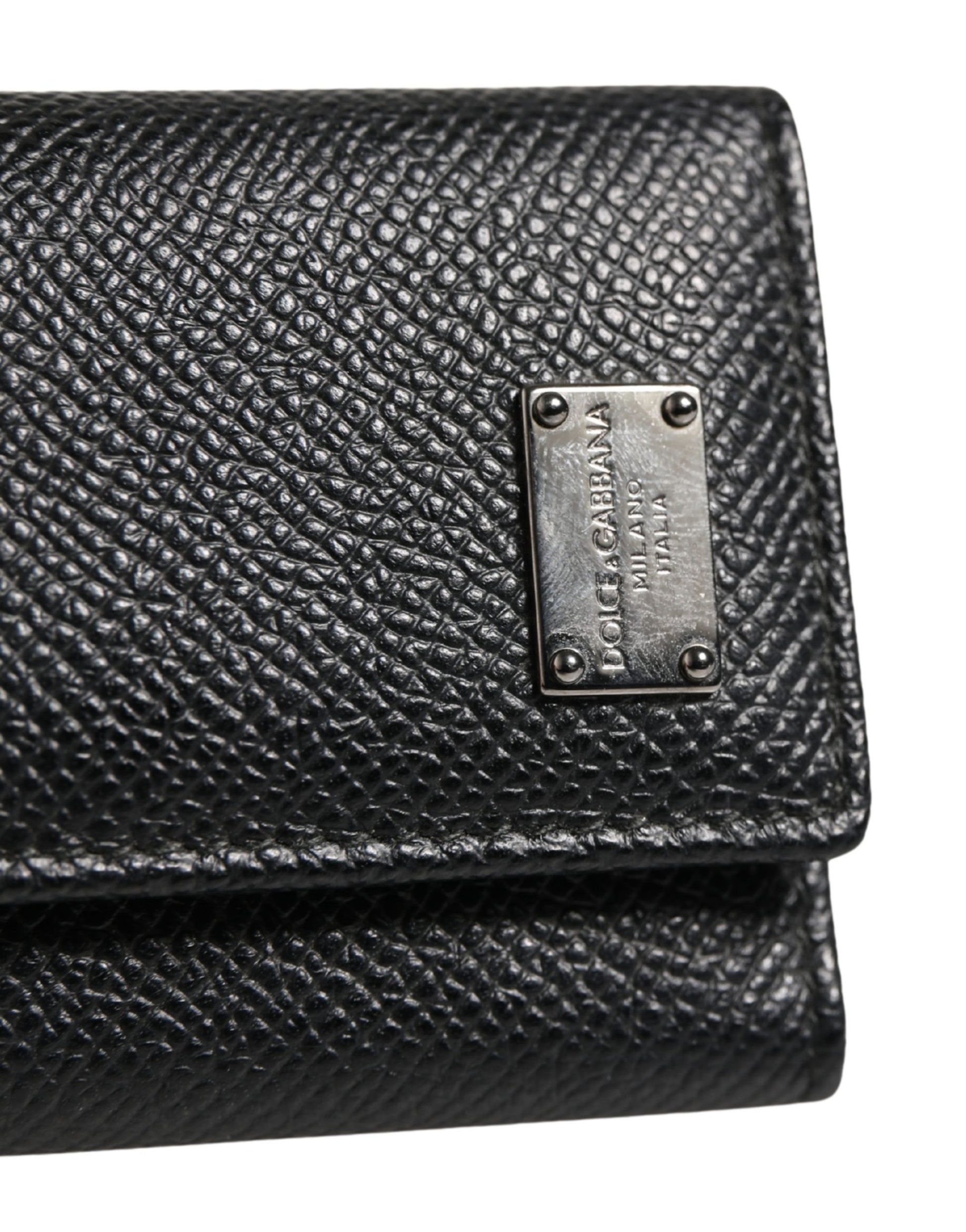 Dolce & Gabbana Black Leather Silver Metal Logo Plaque Trifold Keyring