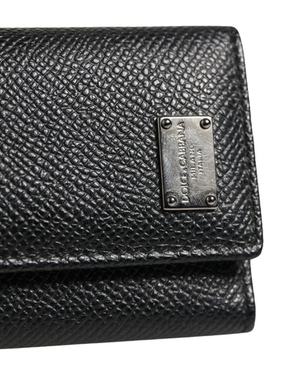 Dolce & Gabbana Black Leather Silver Metal Logo Plaque Trifold Keyring