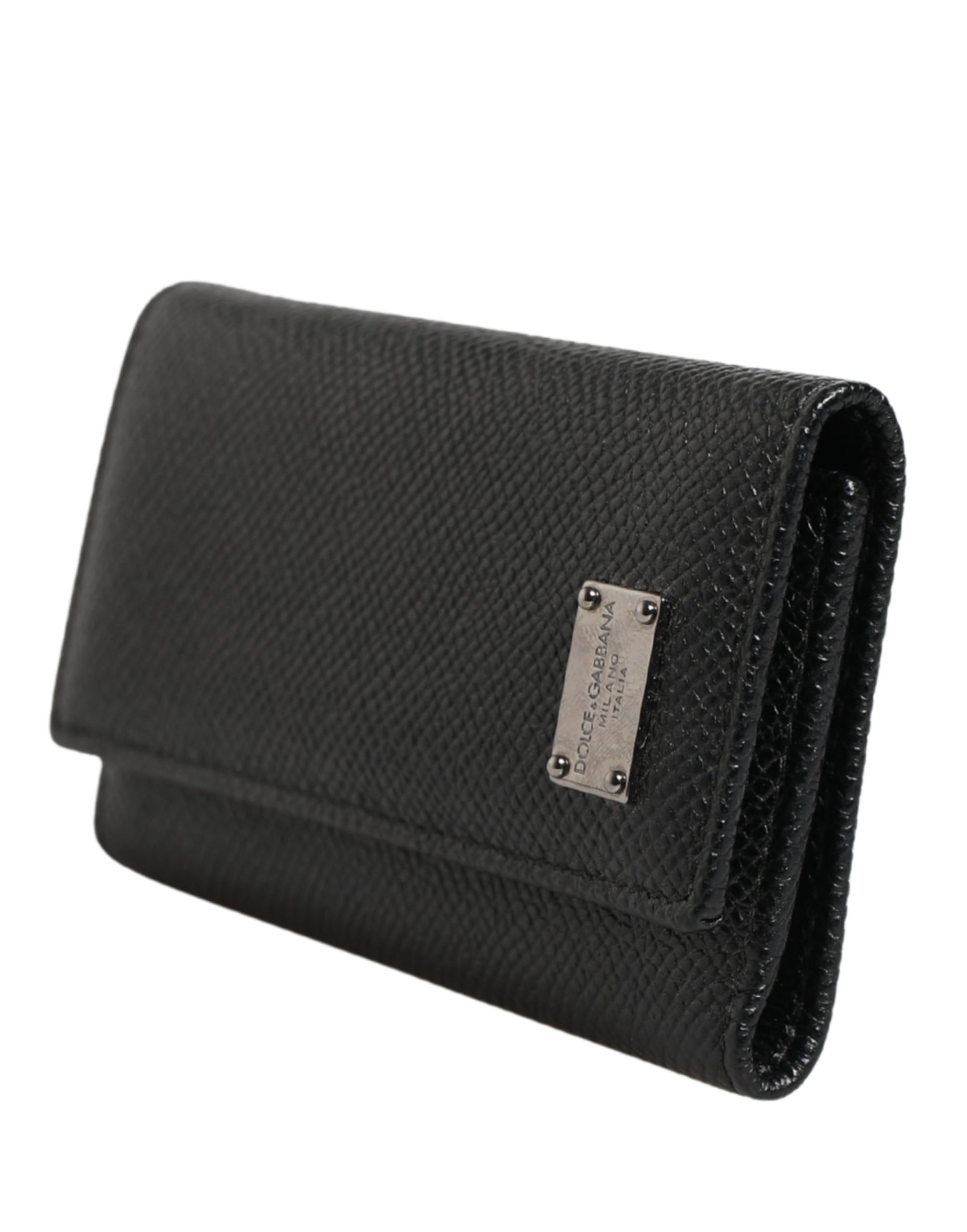 Dolce & Gabbana Black Leather Silver Metal Logo Plaque Trifold Keyring