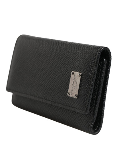 Dolce & Gabbana Black Leather Silver Metal Logo Plaque Trifold Keyring