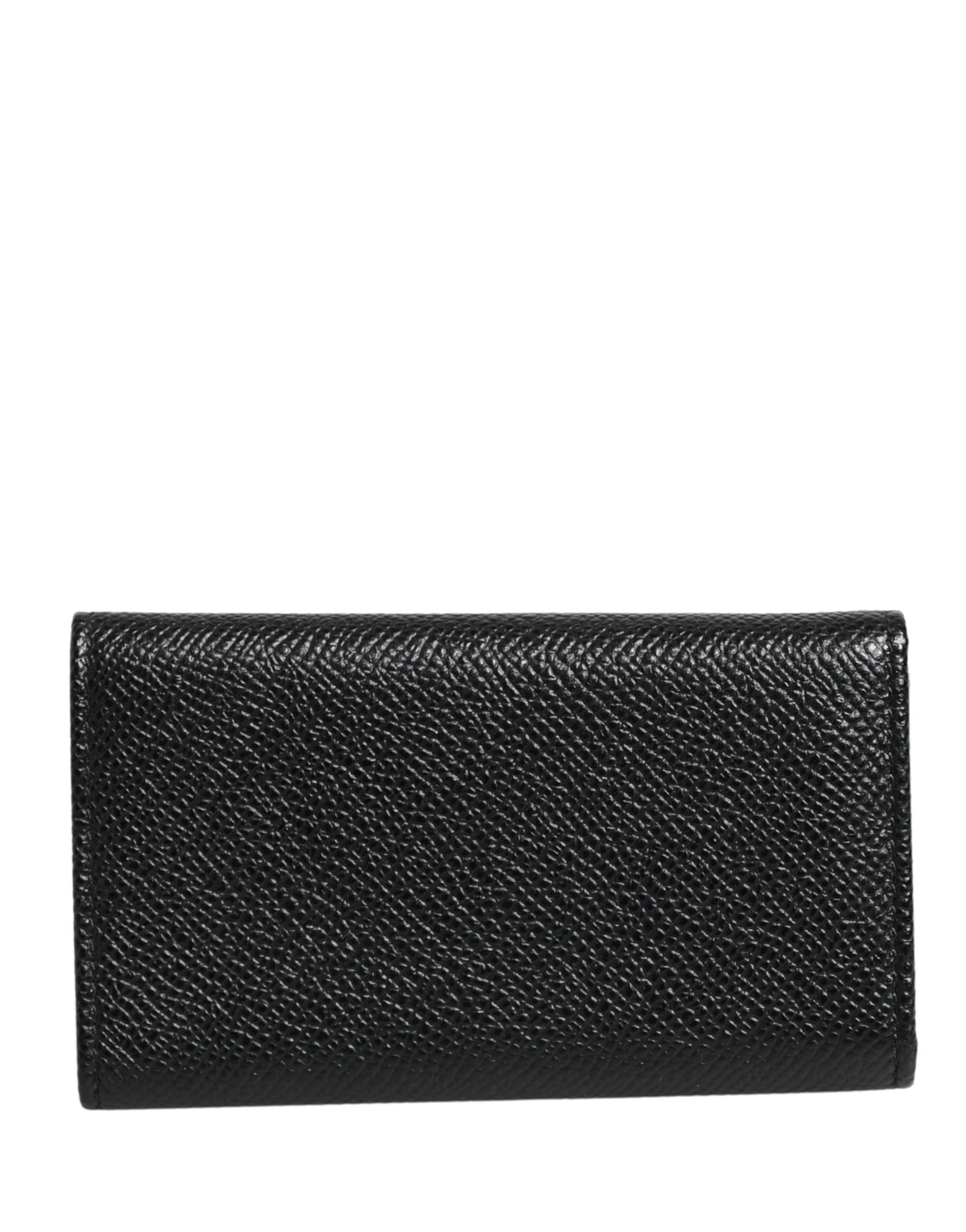 Dolce & Gabbana Black Leather Silver Metal Logo Plaque Trifold Keyring