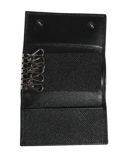 Dolce & Gabbana Black Leather Silver Metal Logo Plaque Trifold Keyring
