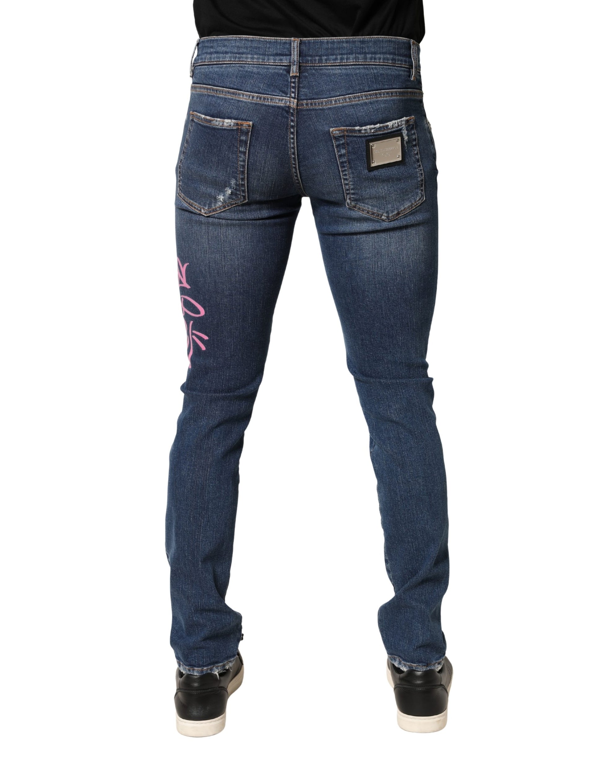 Dolce & Gabbana Blue Distressed Graffiti Print Skinny Jeans