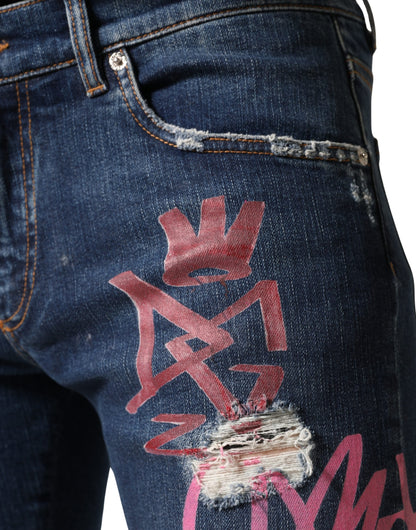 Dolce & Gabbana Blue Distressed Graffiti Print Skinny Jeans