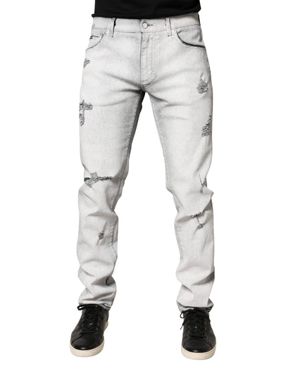 Dolce & Gabbana Light Gray Distressed Skinny Men Denim Jeans