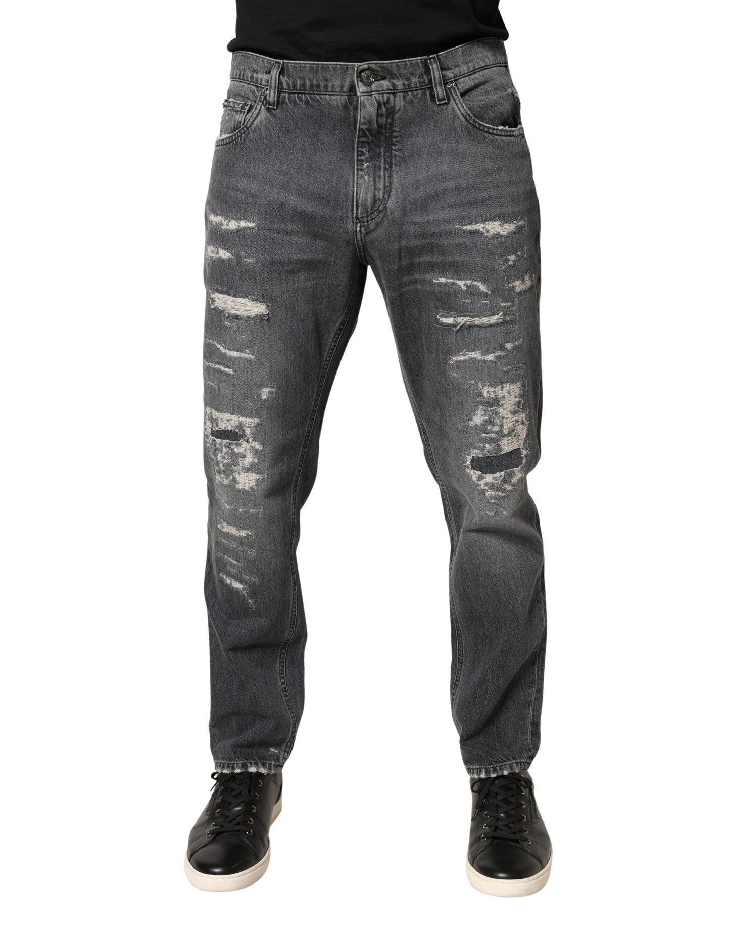 Dolce & Gabbana Dark Gray Tattered Cotton Loose Denim Jeans